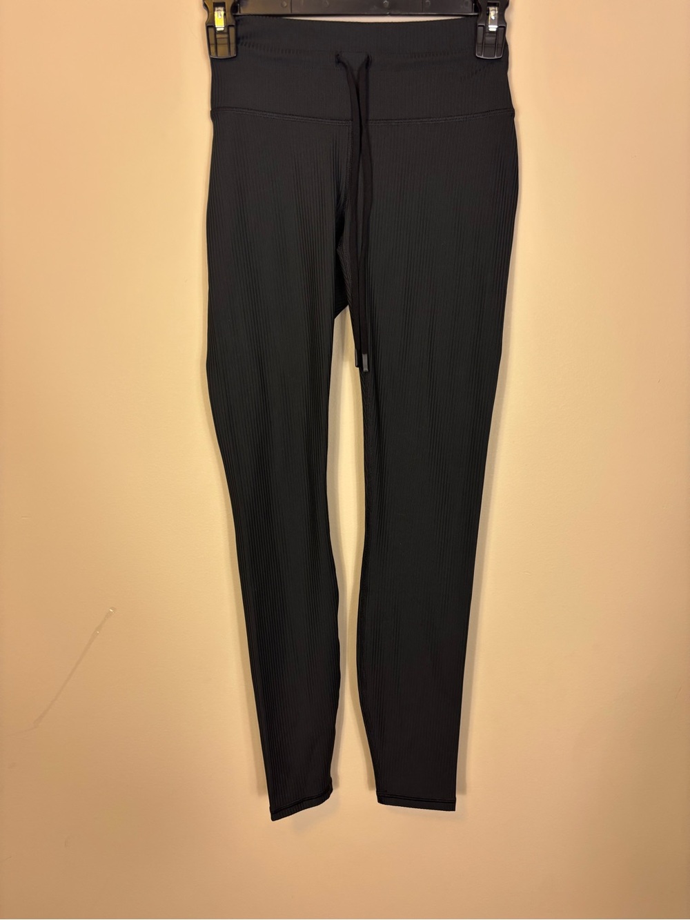 NEW Fabletics Black Ribbed High-Waist Leggings with Drawstrings - XS